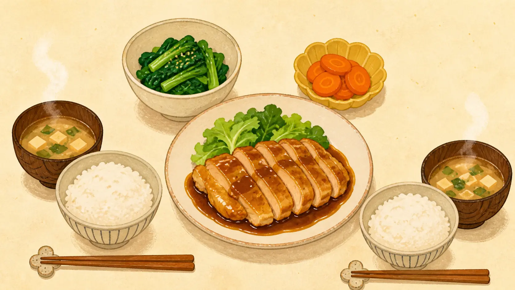 鶏むね肉の照り焼き、ごはん、みそ汁、青菜とにんじんを並べた2人分の家庭料理イラスト