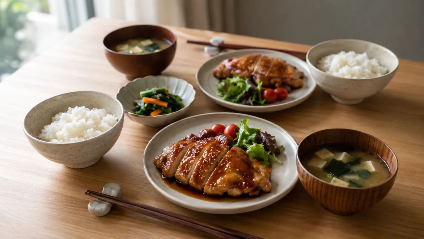 鶏むね肉の照り焼き、ごはん、みそ汁、青菜とにんじんの小鉢を並べた2人分の家庭の夕食