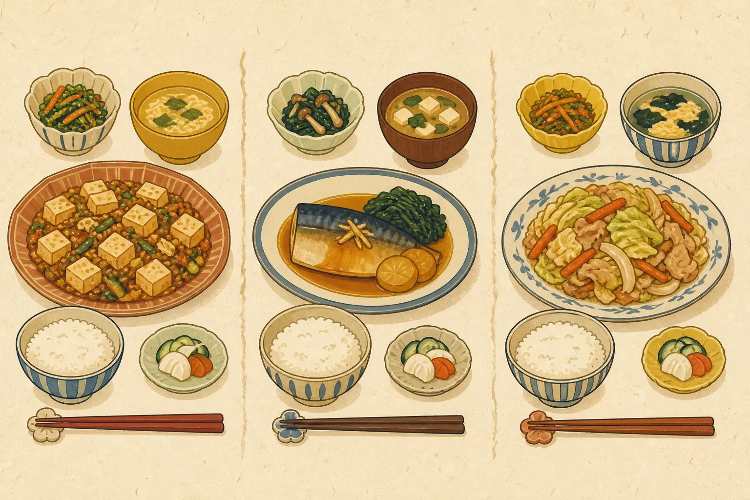 麻婆豆腐風の炒め物、さばの味噌煮、豚肉とキャベツ炒めを並べた三日分の家庭料理イラスト